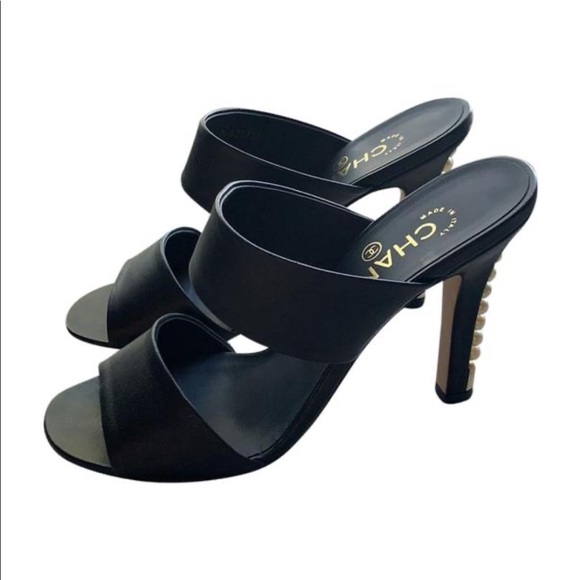 CHANEL Shoes - CHANEL Black Lambskin Mules with Pearl Heels